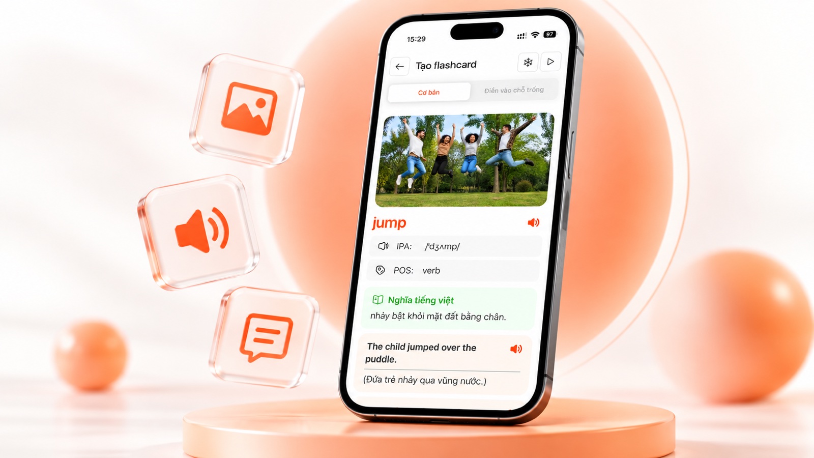 Flashcard AI với hình ảnh, phát âm, nghĩa và ví dụ